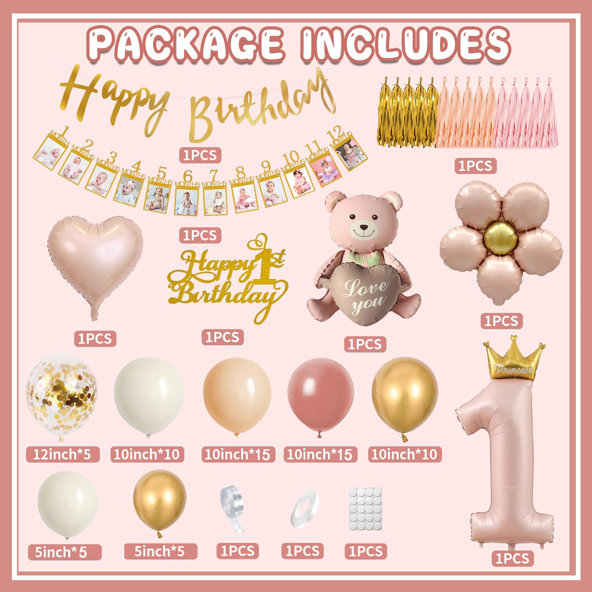 First Birthday Decorations for Girl, 1st Birthday Decorations Girl Happy Birthday Banner Cake Topper Bear Balloon Photo Banner Dusty Pink and Gold Balloons 1st Birthday Girl Decoration 🍁 All In One Marketplace Canada