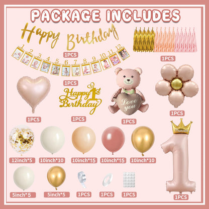 First Birthday Decorations for Girl, 1st Birthday Decorations Girl Happy Birthday Banner Cake Topper Bear Balloon Photo Banner Dusty Pink and Gold Balloons 1st Birthday Girl Decoration 🍁 All In One Marketplace Canada
