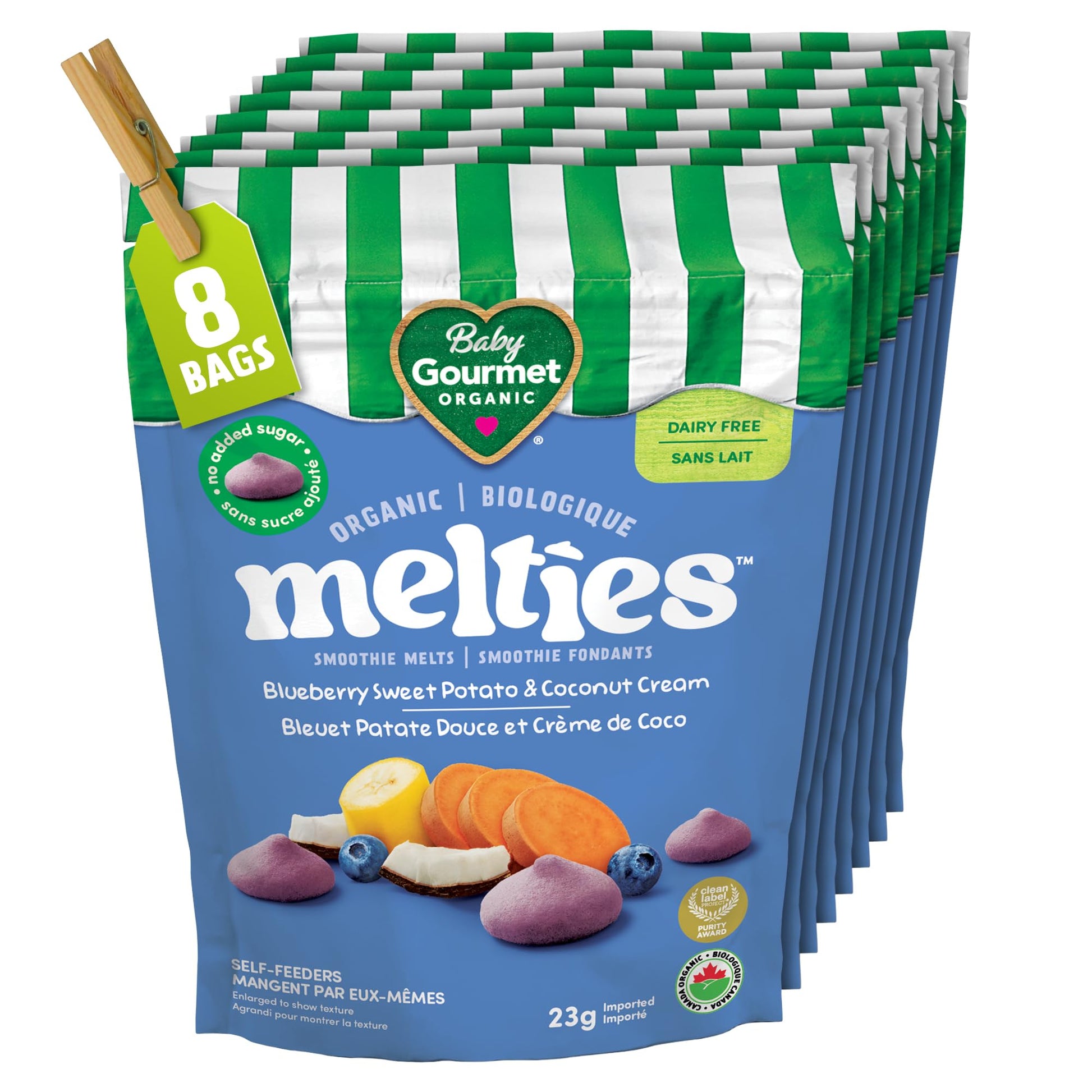 Baby Gourmet Melties, Blueberry, Sweet Potato & Coconut Cream, 23 g Bag (Pack of 8) | 8 Months+ | Meltable Snack for Self-Feeding | Organic | Canadian Brand Baby Gourmet