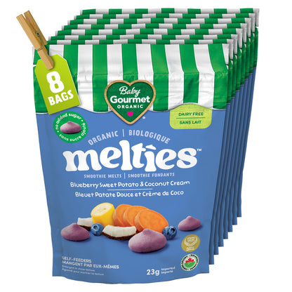 Baby Gourmet Melties, Blueberry, Sweet Potato & Coconut Cream, 23 g Bag (Pack of 8) | 8 Months+ | Meltable Snack for Self-Feeding | Organic | Canadian Brand Baby Gourmet