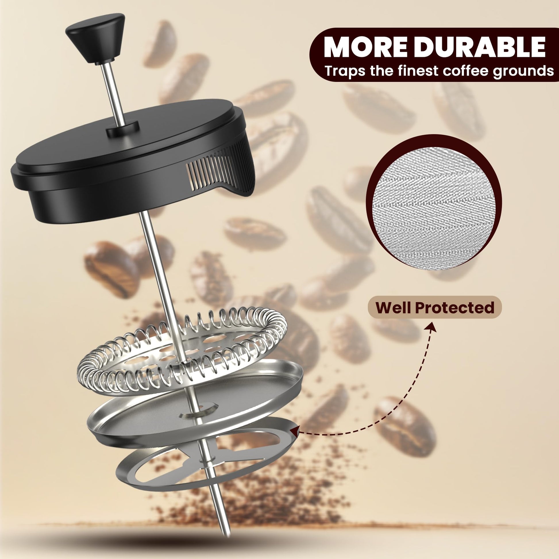 KICHLY - 34 Ounce French Press Espresso and Tea Maker with Triple Filters, Stainless Steel Plunger and Heat Resistant Borosilicate Glass, Black - Available at All In One Marketplace Canada