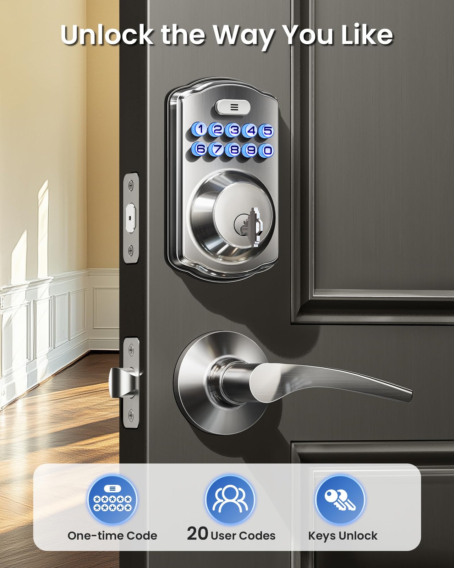 Veise Keyless Entry Door Lock with 2 Lever Handles - Electronic Keypad Deadbolt, Easy Installation Digital Smart Front Door Lock Set, Satin Nickel Veise