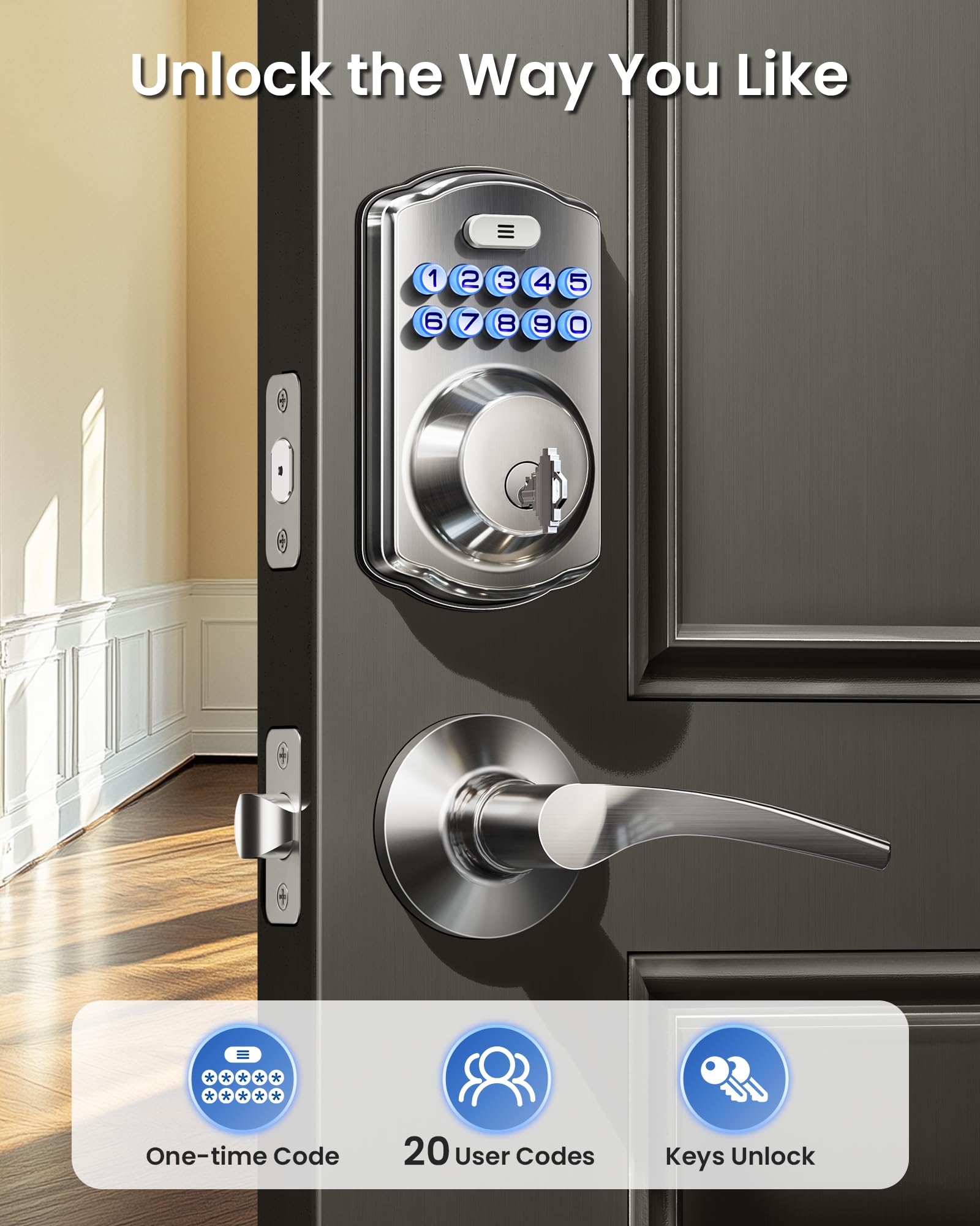 Veise Keyless Entry Door Lock with 2 Lever Handles - Electronic Keypad Deadbolt, Easy Installation Digital Smart Front Door Lock Set, Satin Nickel Veise
