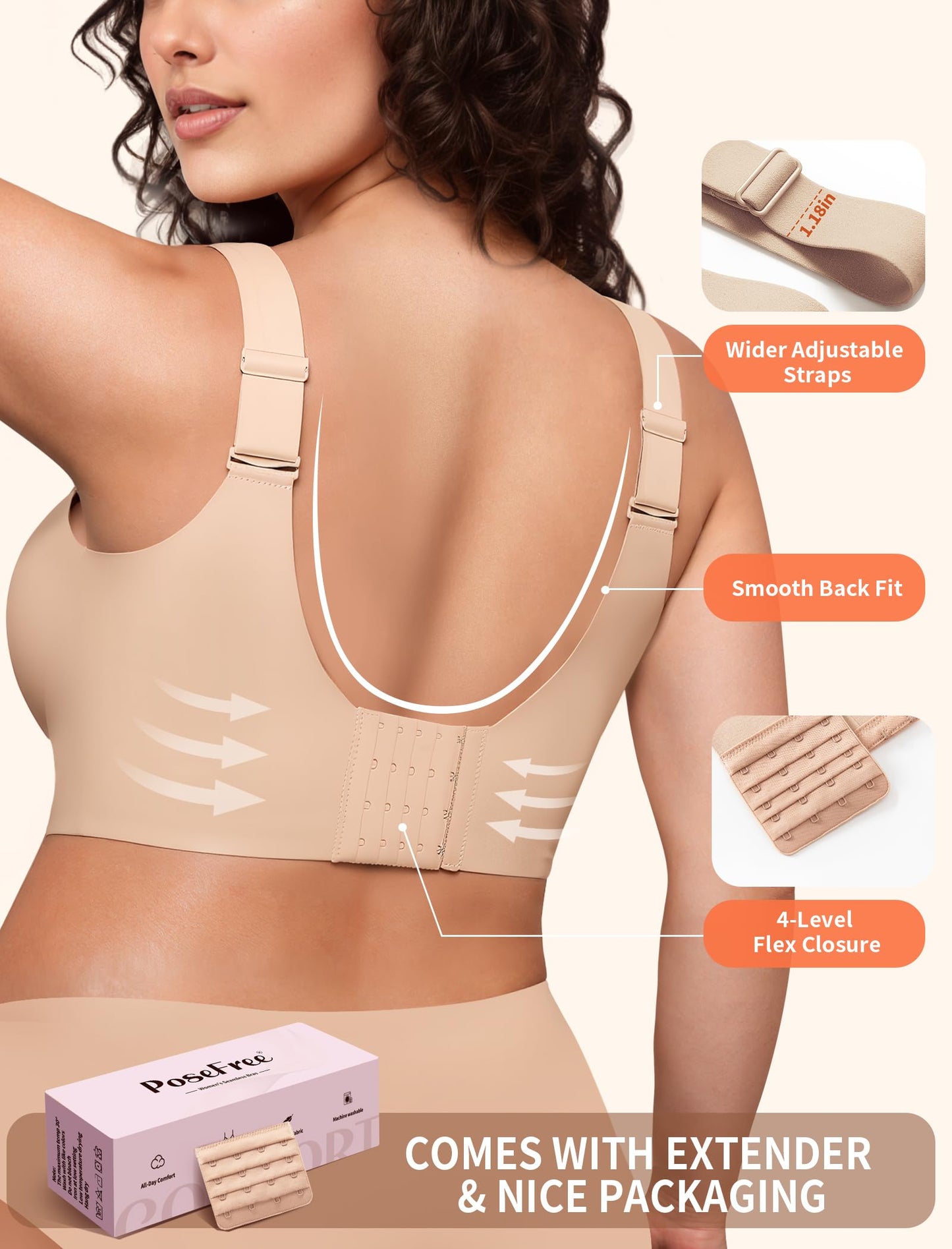 PoseFree Jelly Bras for Women Full Coverage Full Support and Lift No Underwire Back Smoothing Bralette Everyday Bra (Nude,XL)