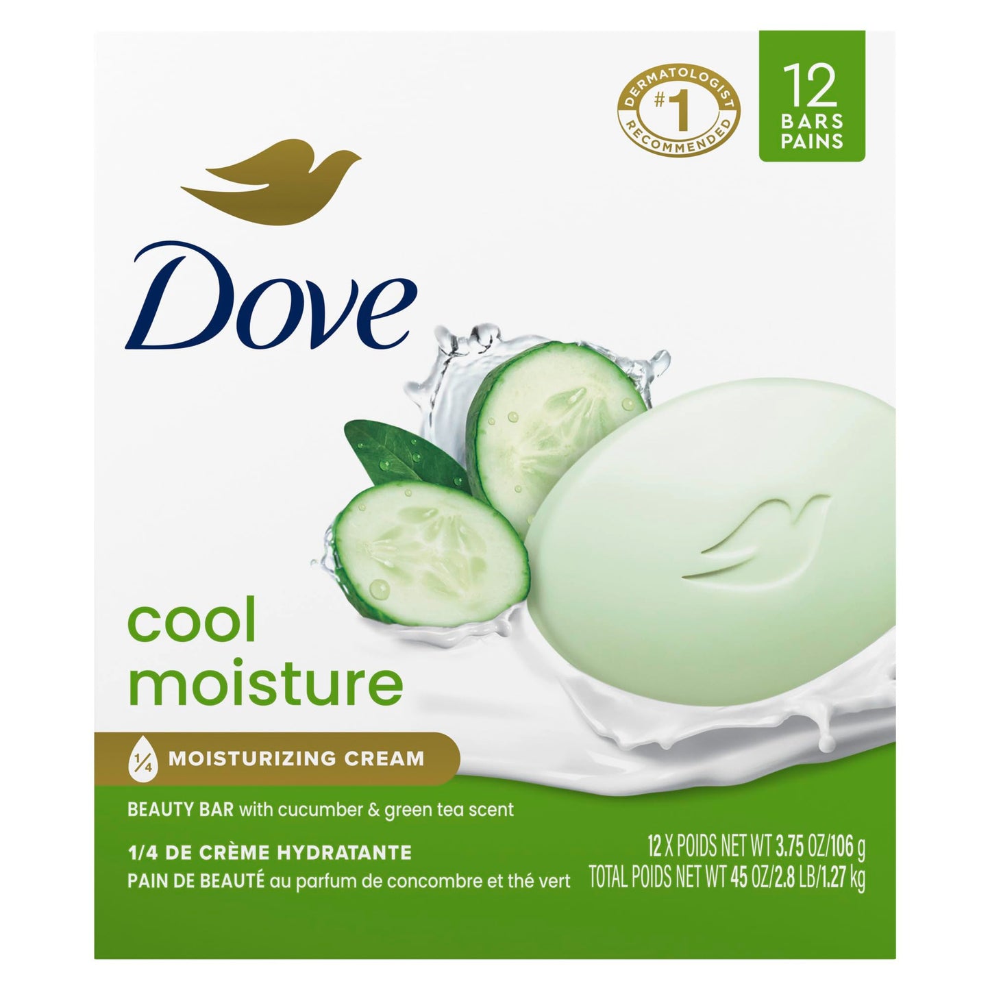 Dove Cool Moisture Beauty Bar Soap Cucumber Green Tea Scent, 106g, 12 Bars Dove