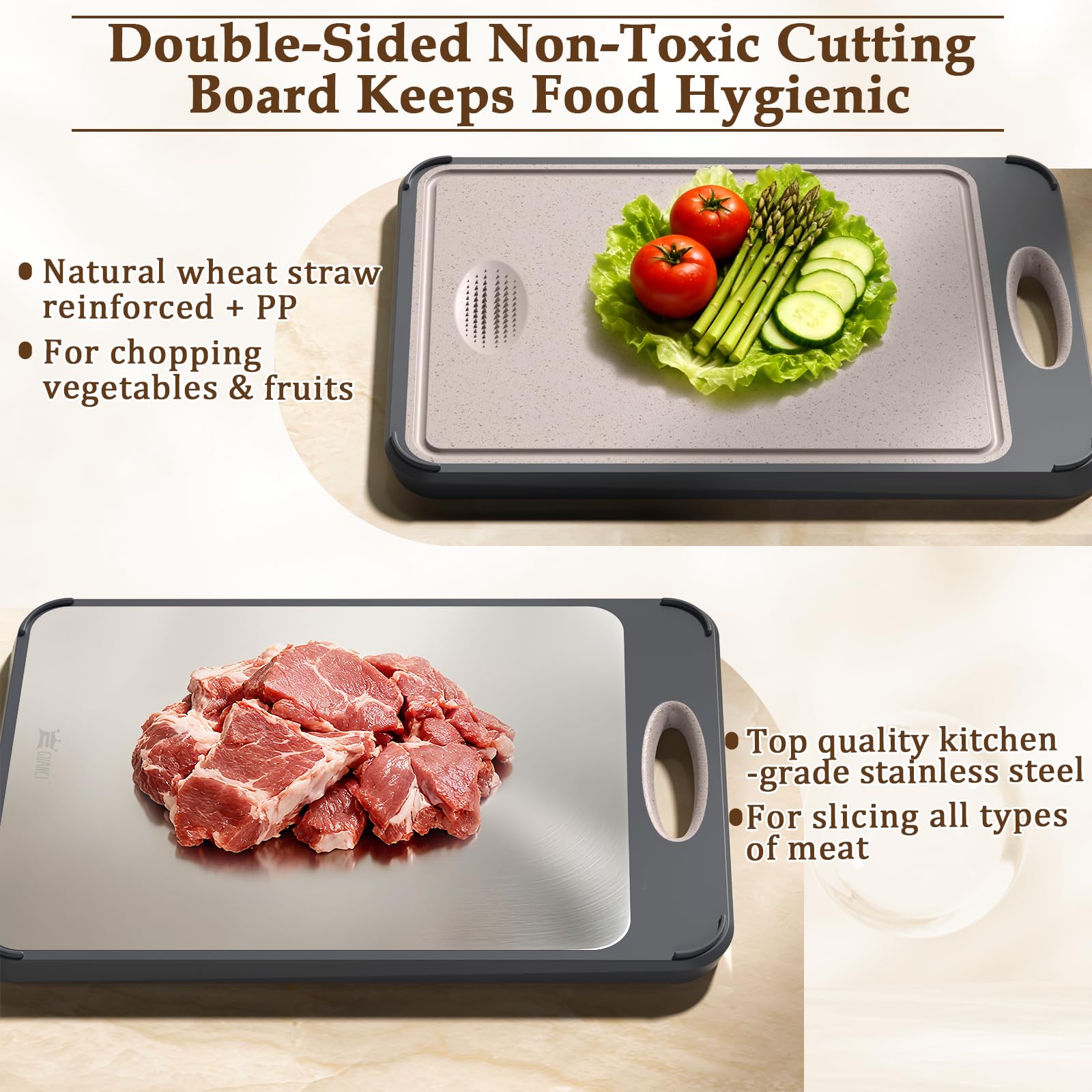 GUANCI Cutting Board for Kitchen Double Sided 304 Stainless Steel Chopping Board Food-Grade Stainless Steel and Wheat Straw PP Large Size 16”×11” Easy to Clean - Available at All In One Marketplace Canada