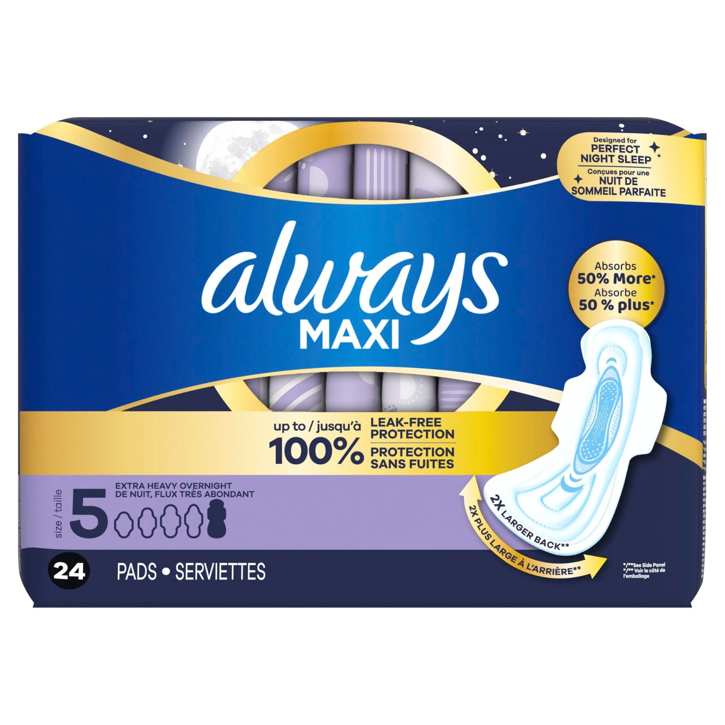 ALWAYS MAXI OVERNIGHT PADS WITH WINGS, SIZE 5, EXTRA HEAVY OVERNIGHT, UNSCENTED, 72 COUNT TOTAL (PACK OF 3)