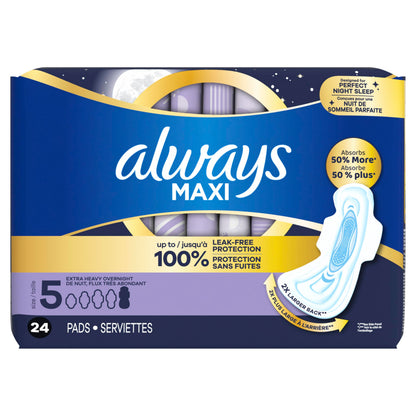 ALWAYS MAXI OVERNIGHT PADS WITH WINGS, SIZE 5, EXTRA HEAVY OVERNIGHT, UNSCENTED, 72 COUNT TOTAL (PACK OF 3)