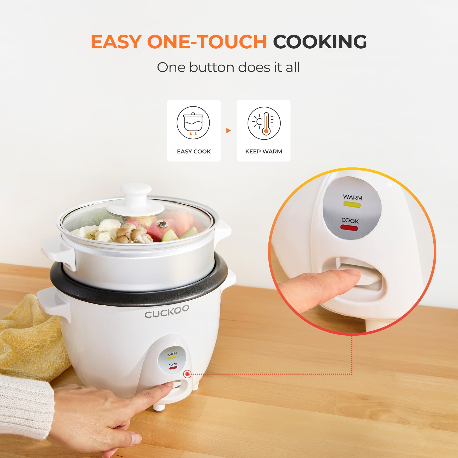 CUCKOO One Touch Rice Cooker 3-Cup (Uncooked) / 6-Cup (Cooked), Mini Rice Cooker & Warmer with Steamer Tray, Versatile Grain Cooker, Soup Maker, Auto Keep Warm, White (CR-0301C) CUCKOO