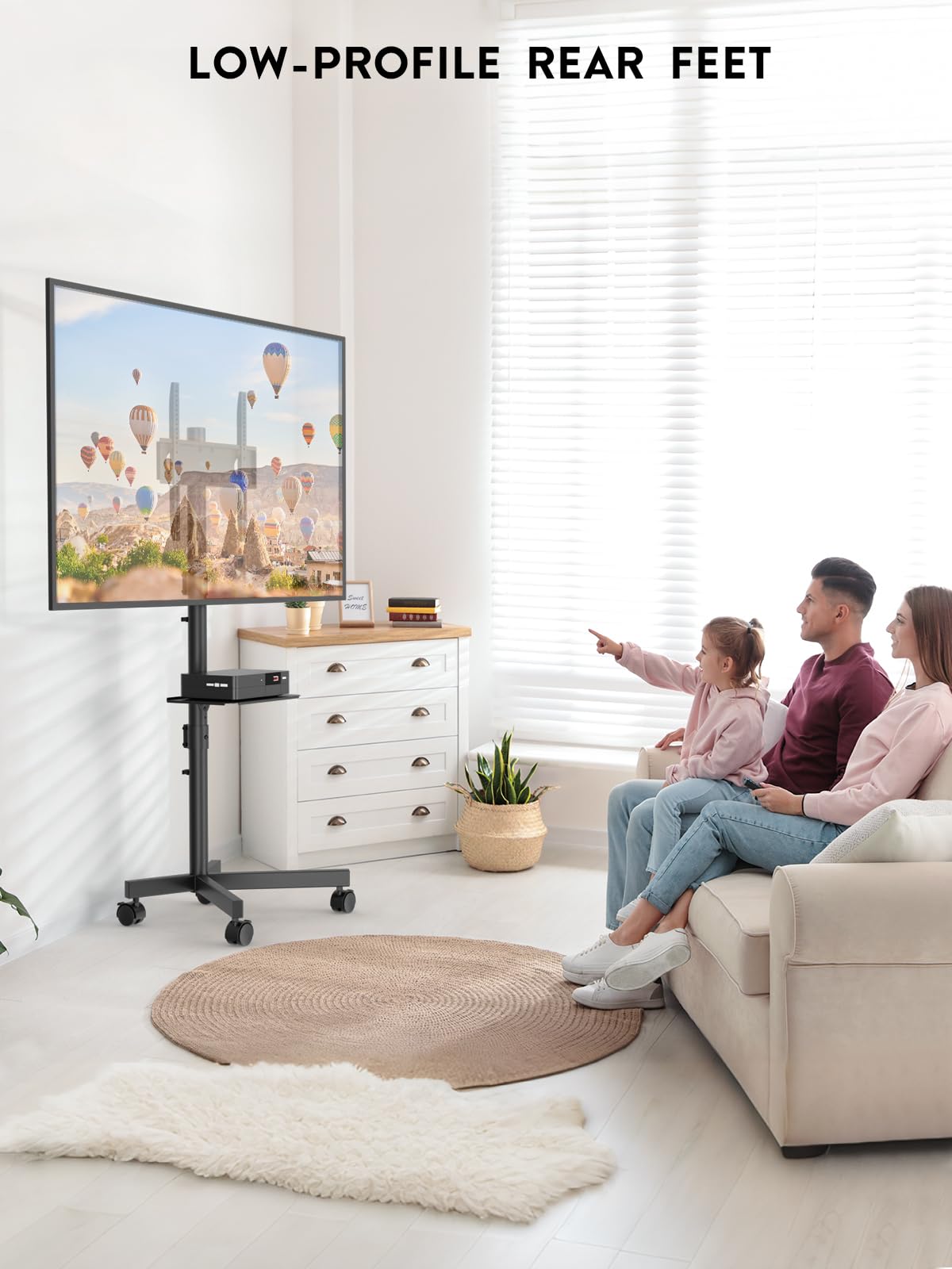 BONTEC Mobile TV Stand, Rolling TV Stand for 23-60 Inch Screens, Adjustable Floor TV Stand with Locking Wheels and Media Shelf, Compatible with VESA 100x100mm to 400x400mm, Holds up to 88 lbs, Black