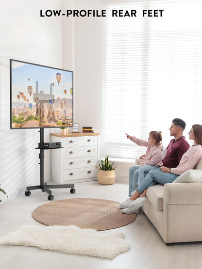 BONTEC Mobile TV Stand, Rolling TV Stand for 23-60 Inch Screens, Adjustable Floor TV Stand with Locking Wheels and Media Shelf, Compatible with VESA 100x100mm to 400x400mm, Holds up to 88 lbs, Black
