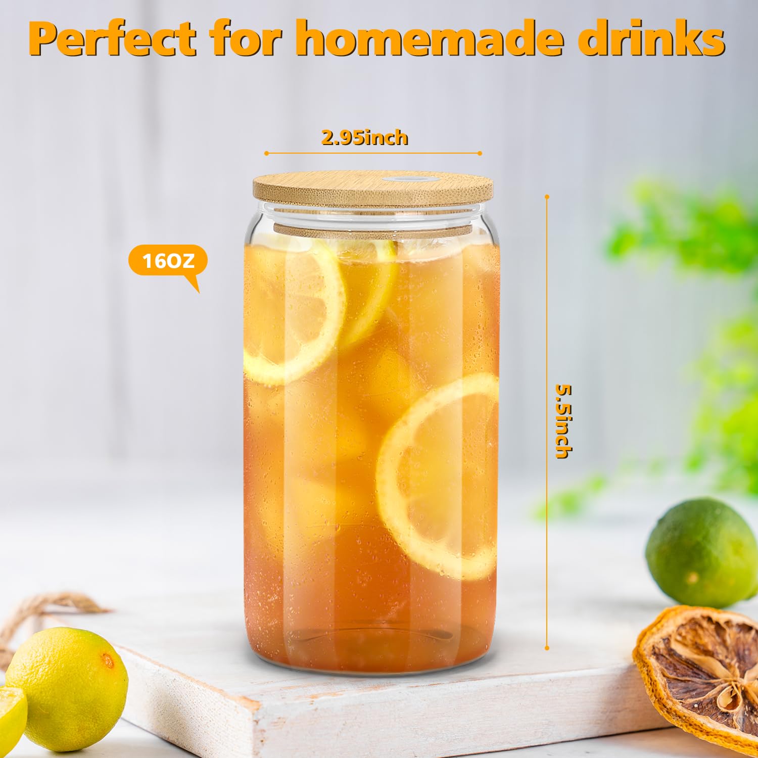 sungwoo Glass Cups with Bamboo Lids and Straws, 16OZ Ice Coffee Cup, Drinking Cup Set with Wooden Lids, Home Essential Glass Tumblers for Beer, Cocktail, Tea and Latte Clear (4) - Available at All In One Marketplace Canada