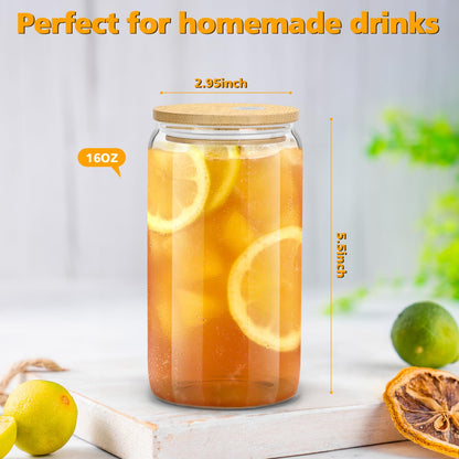 sungwoo Glass Cups with Bamboo Lids and Straws, 16OZ Ice Coffee Cup, Drinking Cup Set with Wooden Lids, Home Essential Glass Tumblers for Beer, Cocktail, Tea and Latte Clear (4) - Available at All In One Marketplace Canada