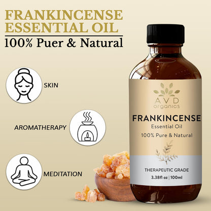 AVD Organics Frankincense Essential Oil 100ml | 100% Pure & Natural Frankincense Oil for Face, Hair | Woody & Earthy Aroma for Diffusers, Soaps & Candles | 3.38 fl. oz
