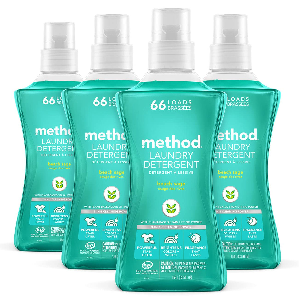 Method Liquid Laundry Detergent, Hypoallergenic + Biodegradable Formula, Plant-Based Stain Remover, Beach Sage Scent, 66 Loads per 1.5 Liter Bottles, 4 Pack (264 Total Loads), Packaging May Vary, Blue