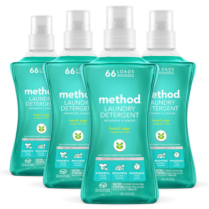 Method Liquid Laundry Detergent, Hypoallergenic + Biodegradable Formula, Plant-Based Stain Remover, Beach Sage Scent, 66 Loads per 1.5 Liter Bottles, 4 Pack (264 Total Loads), Packaging May Vary, Blue