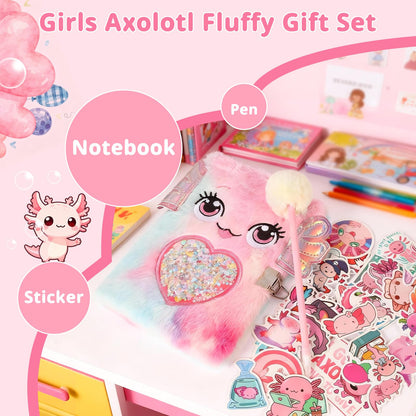 Axolotl Gift Set for Girls，Cute Axolotl Themed Gift Box with Fluffy Diary with lock and keys, Stickers, Pen and More Axolotl Accessories, Christmas Birthday Gifts for Girls 🍁 All In One Marketplace Canada