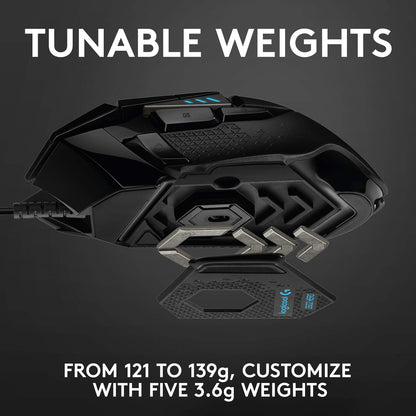 Logitech G502 Hero High Performance Wired Gaming Mouse, Hero 25K Sensor, 25,600 DPI, RGB, Adjustable Weights, 11 Programmable Buttons, On-Board Memory, PC/Mac, Black