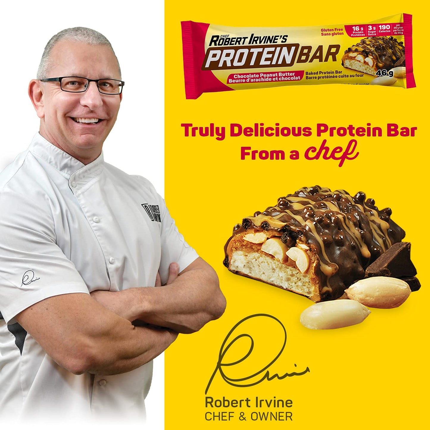 Chef Robert Irvine Protein Bar - Chocolate Peanut Butter Baked Bars, Gluten Free (18 Pack)