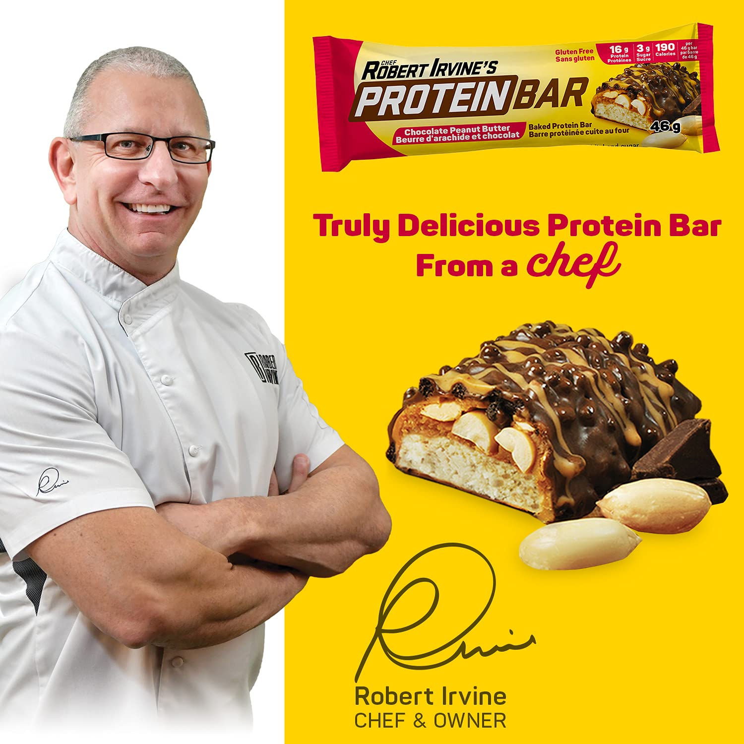 Chef Robert Irvine Protein Bar - Chocolate Peanut Butter Baked Bars, Gluten Free (18 Pack)