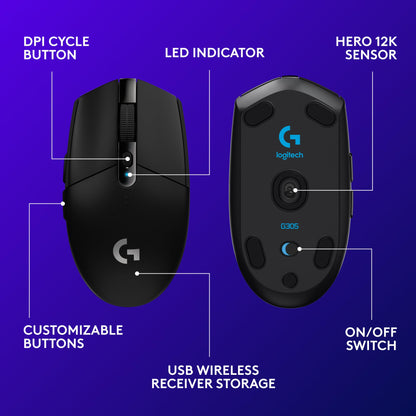 Logitech G305 Lightspeed Wireless Gaming Mouse, Hero Sensor, 12,000 DPI, Lightweight, 6 Programmable Buttons, 250h Battery, On-Board Memory, Compatible with PC, Mac - Black - Available at All In One Marketplace Canada