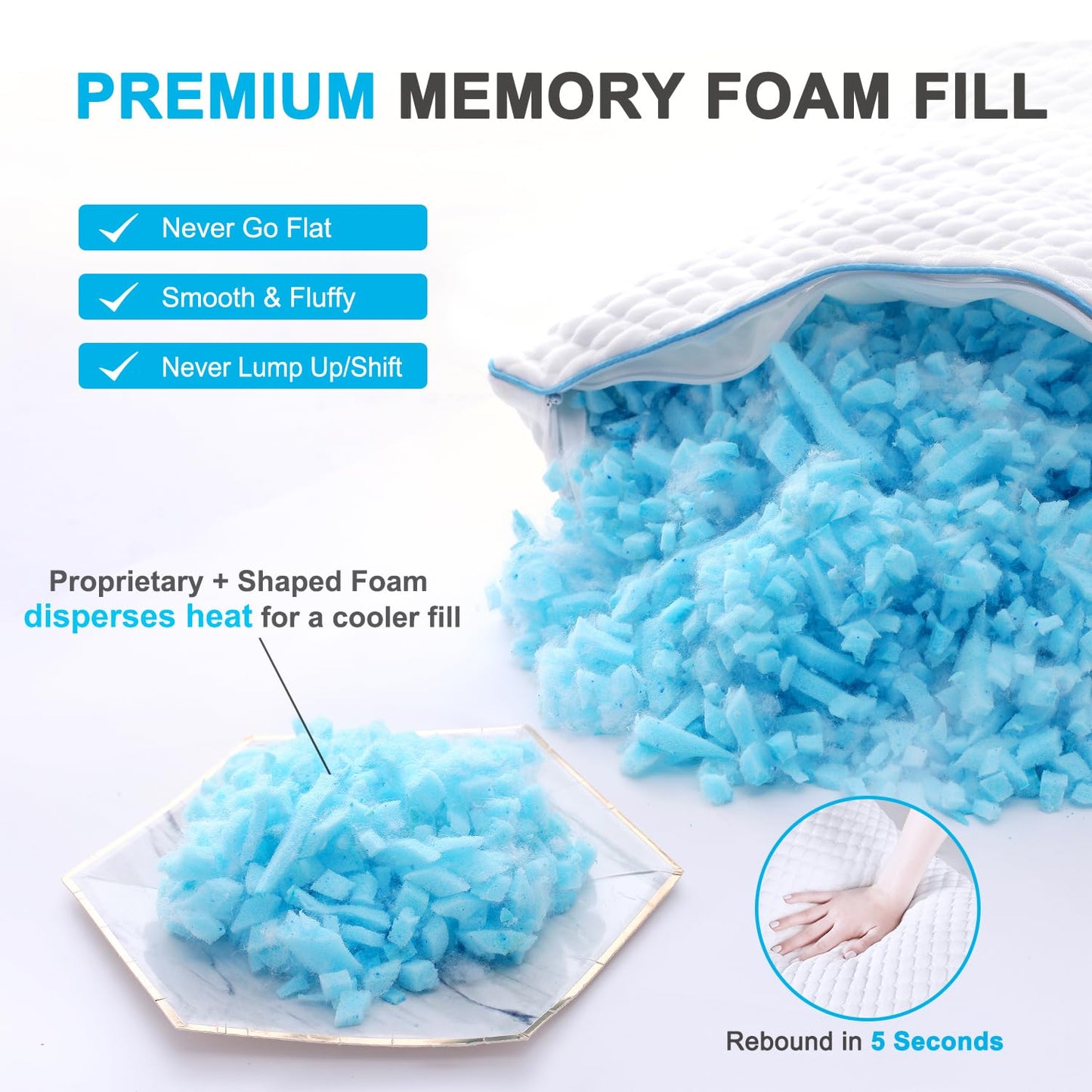 VVZ Cooling Shredded Memory Foam Pillows Queen Size 2 Pack, Adjustable Firm Bed Pillows for Side Back Stomach Sleepers, Luxury Gel Pillow for Hot Sleepers with Breathable Washable Cover - Available at All In One Marketplace Canada