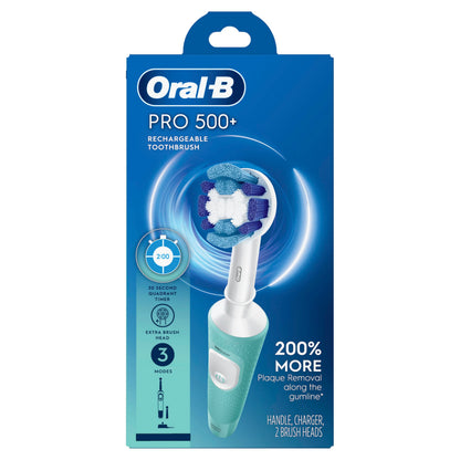 Oral-B Pro 500 + Electric Toothbrush with (1) Precision Clean Brush Head and (1) Sensitive Clean Brush Head, Rechargeable, Mint - Available at All In One Marketplace Canada