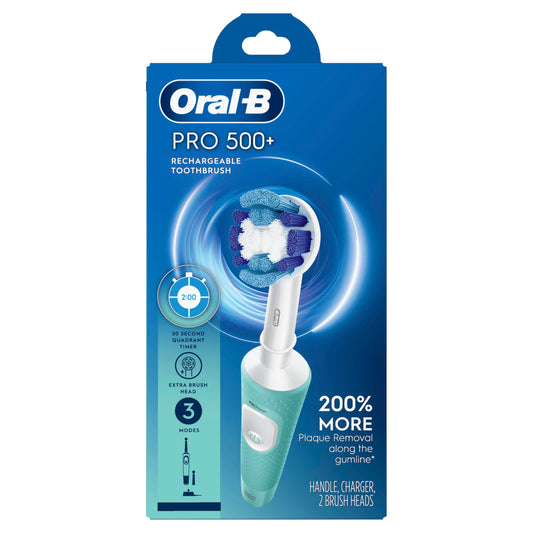Oral-B Pro 500 + Electric Toothbrush with (1) Precision Clean Brush Head and (1) Sensitive Clean Brush Head, Rechargeable, Mint - Available at All In One Marketplace Canada