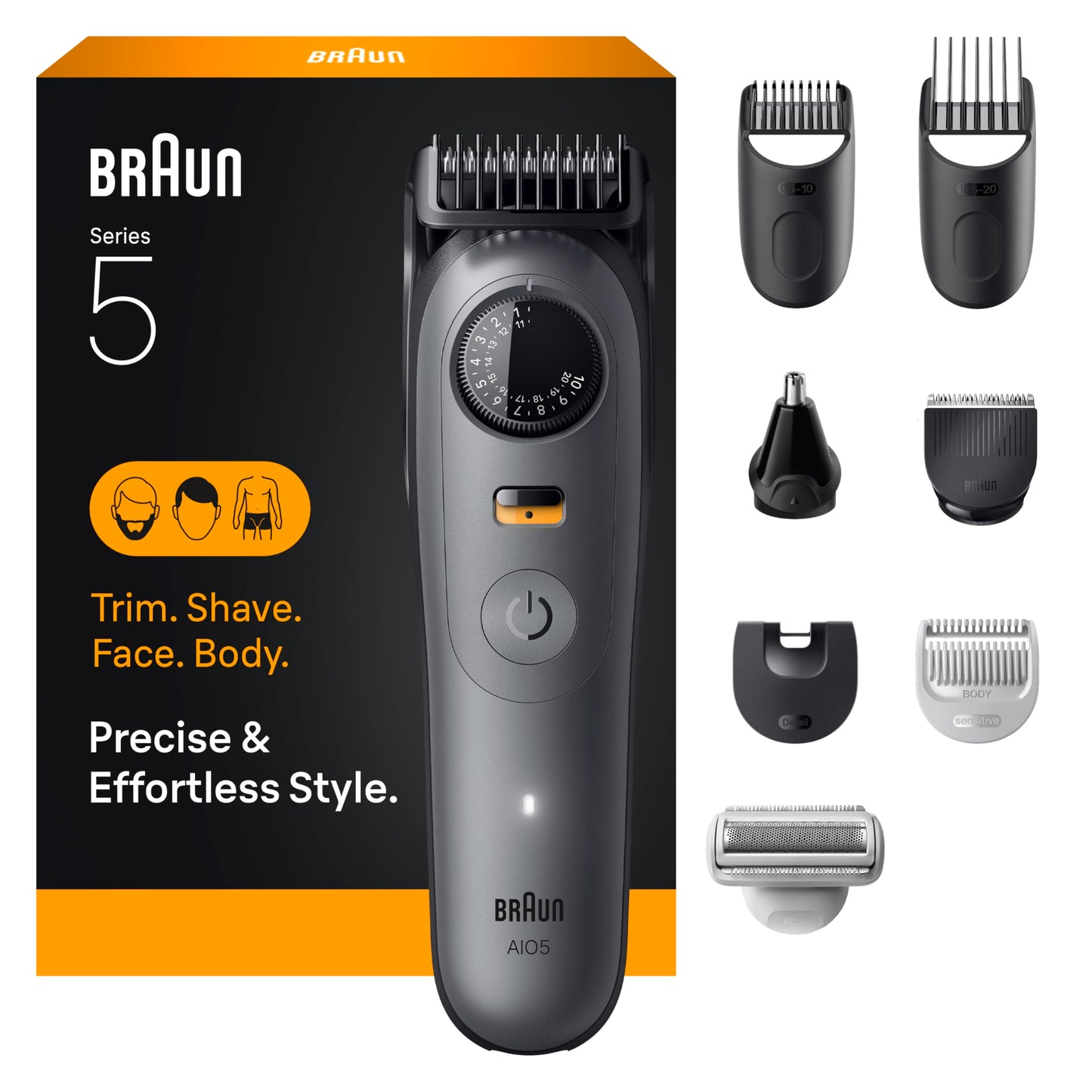 Braun All-in-One Series 5 Trimmer Kit, 40 Lengths, Ultra Sharp Blade, AIO 5510, Moonstone Grey - Available at All In One Marketplace Canada