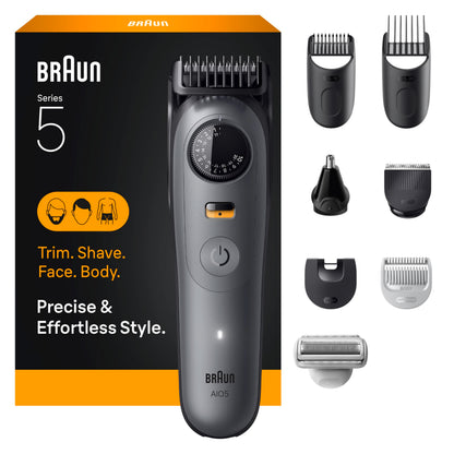 Braun All-in-One Series 5 Trimmer Kit, 40 Lengths, Ultra Sharp Blade, AIO 5510, Moonstone Grey - Available at All In One Marketplace Canada