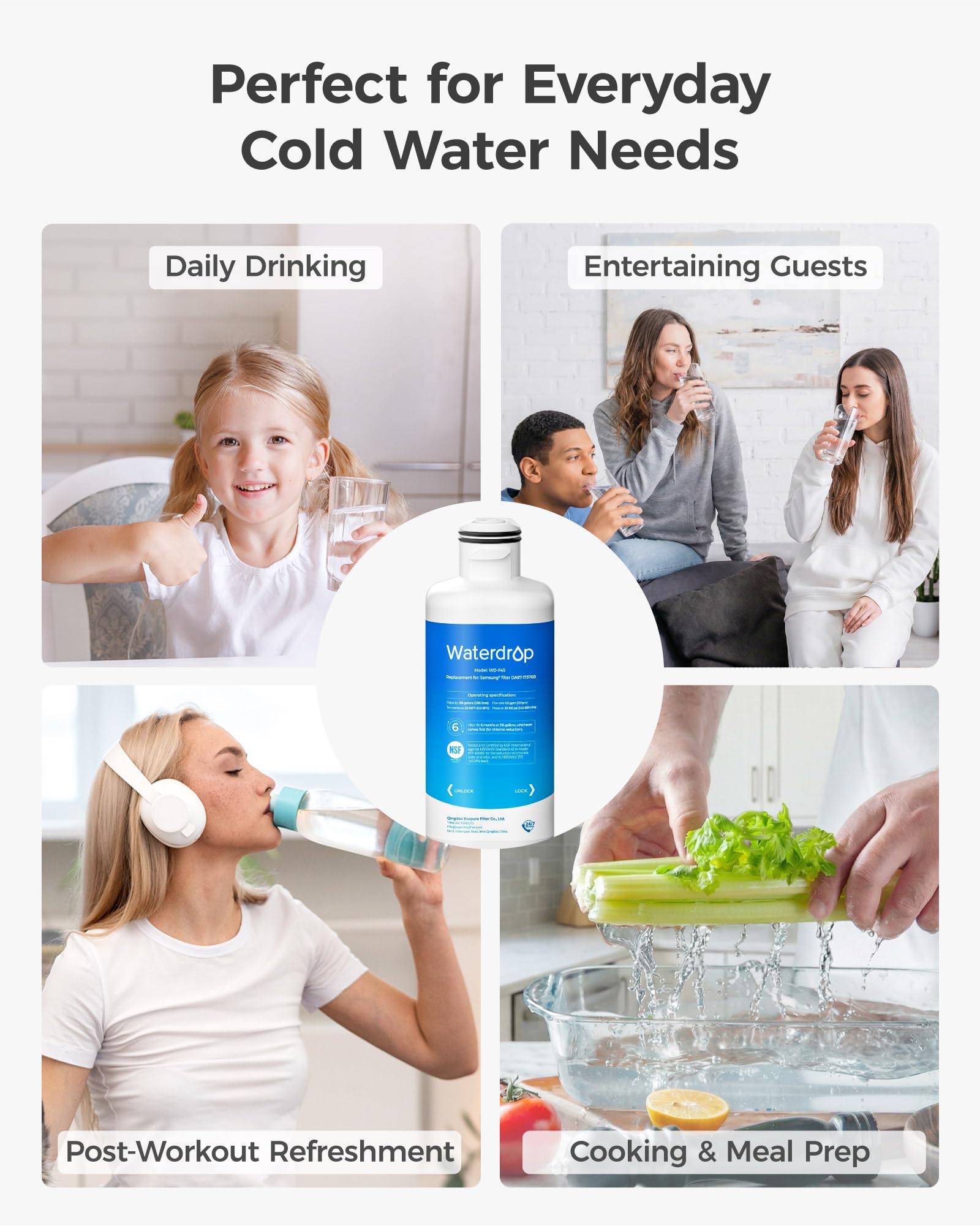 Waterdrop WD-F45 Replacement for Samsung® DA97-17376B, HAF-Qin/EXP, DA97-08006C, RF28R7201SR, RF28R7351SG, Refrigerator Water Filter, 3 Filters - Available at All In One Marketplace Canada