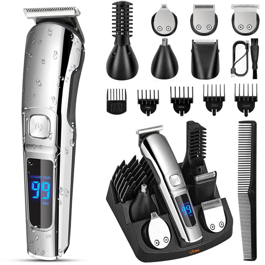 Ufree Beard Trimmer for Men, Waterproof Electric Razor Shaver for Nose, Body, Face and Mustache, Cordless Hair Clippers Men Grooming Kit, Gifts for Husband Father Silver - Available at All In One Marketplace Canada