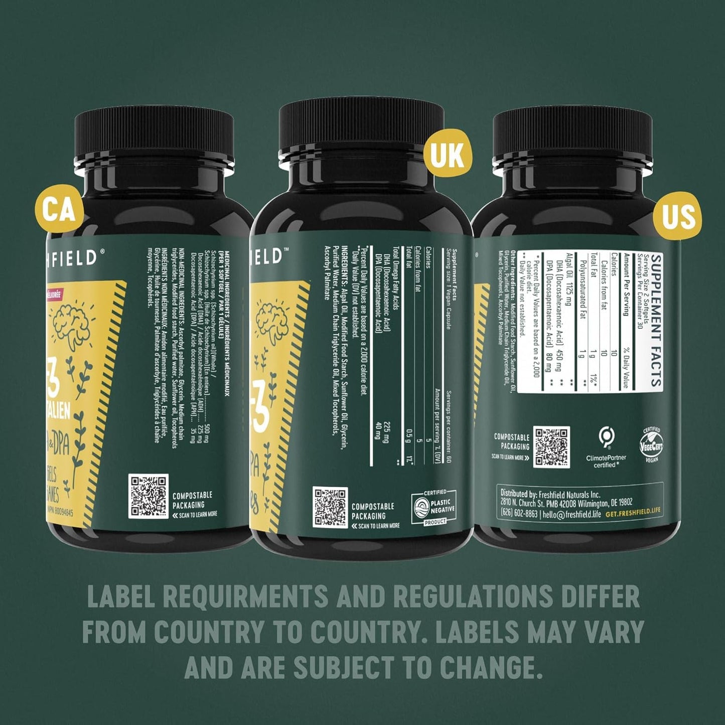 Freshfield Vegan Omega 3, Algae (Algal) Oil, Fish Oil Free Company, Third Party Tested, Carrageenan Free, DHA Supplement w/DPA, Plant Based Omega. Supports Heart, Brain, Joint Health - Available at All In One Marketplace Canada