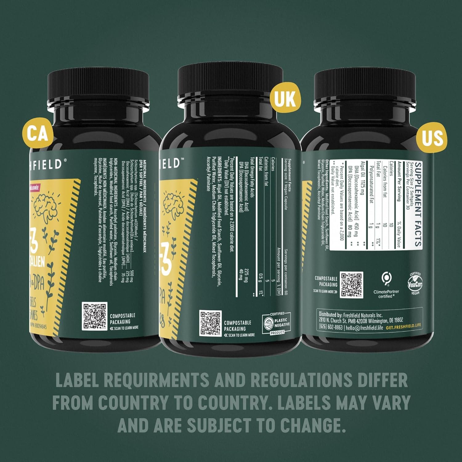 Freshfield Vegan Omega 3, Algae (Algal) Oil, Fish Oil Free Company, Third Party Tested, Carrageenan Free, DHA Supplement w/DPA, Plant Based Omega. Supports Heart, Brain, Joint Health - Available at All In One Marketplace Canada