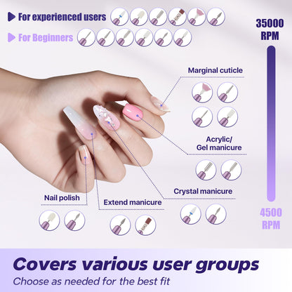 Breosic Electric Nail Drill 35000RPM,12-in-1 Nail File Portable USB-Rechargeable Cordless Nail Drill Professional with 9-Speed & LED Display Manicure Pedicure Nail Kits for Acrylic & Gel Nails(Purple) - Available at All In One Marketplace Canada