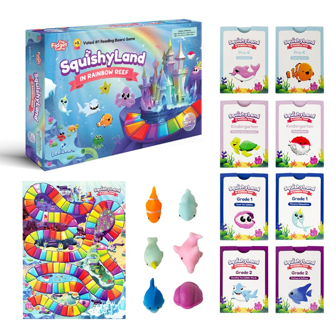 THE FIDGET GAME SquishyLand in Rainbow Reef - Educational & Phonics Learning Activities for Children in Pre-K to 2nd Grade - Mochi Squishy Toys Set with Board Game (2-6 Players) & Card Packs Included - Available at All In One Marketplace Canada
