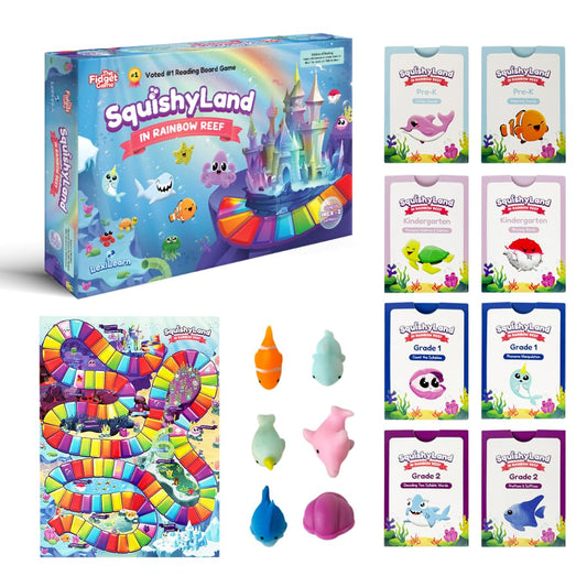 THE FIDGET GAME SquishyLand in Rainbow Reef - Educational & Phonics Learning Activities for Children in Pre-K to 2nd Grade - Mochi Squishy Toys Set with Board Game (2-6 Players) & Card Packs Included - Available at All In One Marketplace Canada
