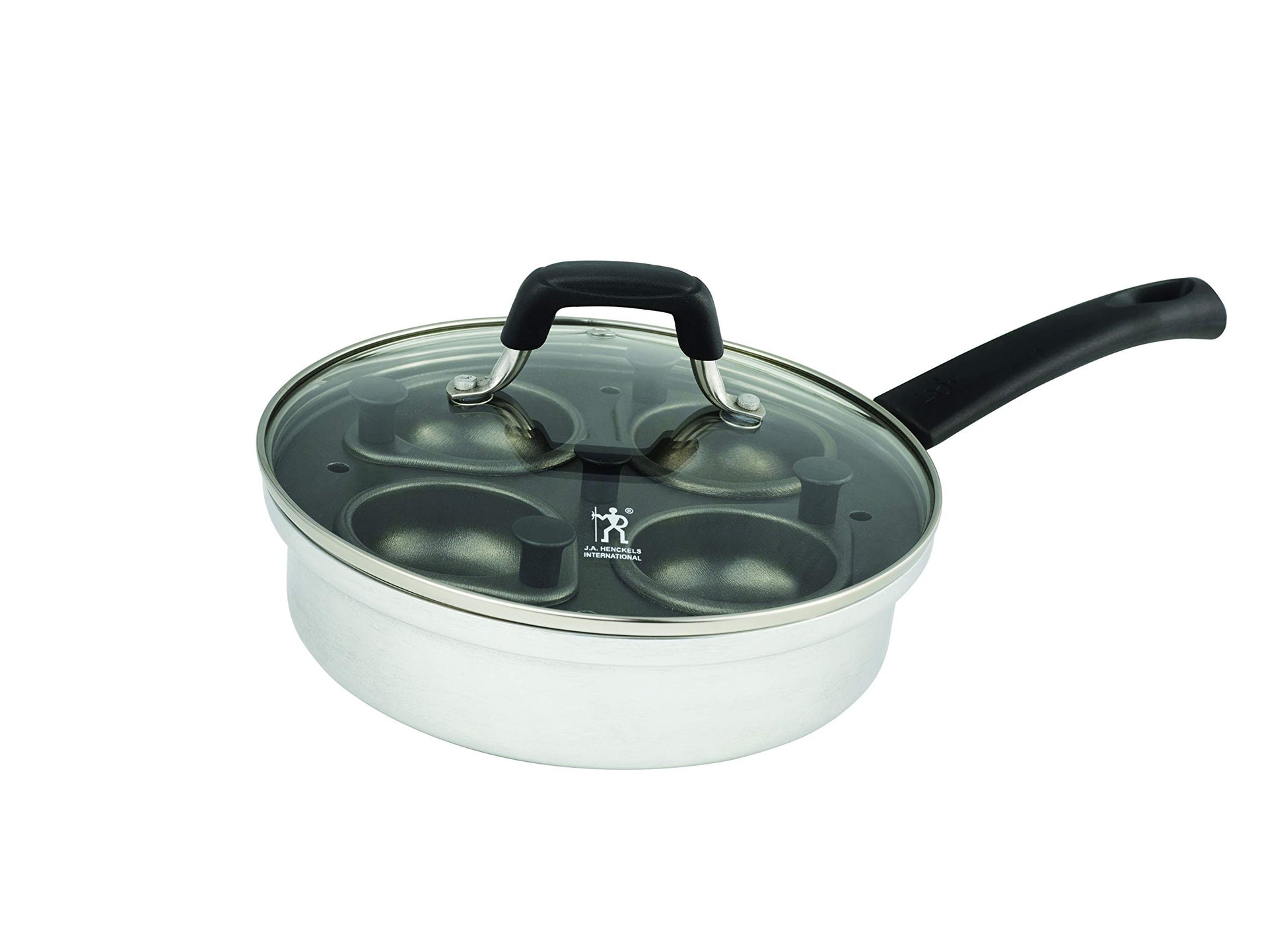 HENCKELS Non-Stick 4 Cup Egg Poacher with Glass Lid, Silver, Black, HENCKELS