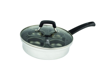 HENCKELS Non-Stick 4 Cup Egg Poacher with Glass Lid, Silver, Black, HENCKELS