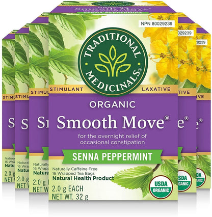 Traditional Medicinals - Organic Smooth Move Peppermint Laxative Herbal Tea (Pack of 6) - Gentle Overnight Relief of Occasional Constipation - 96 Tea Bags Total 🍁 All In One Marketplace Canada