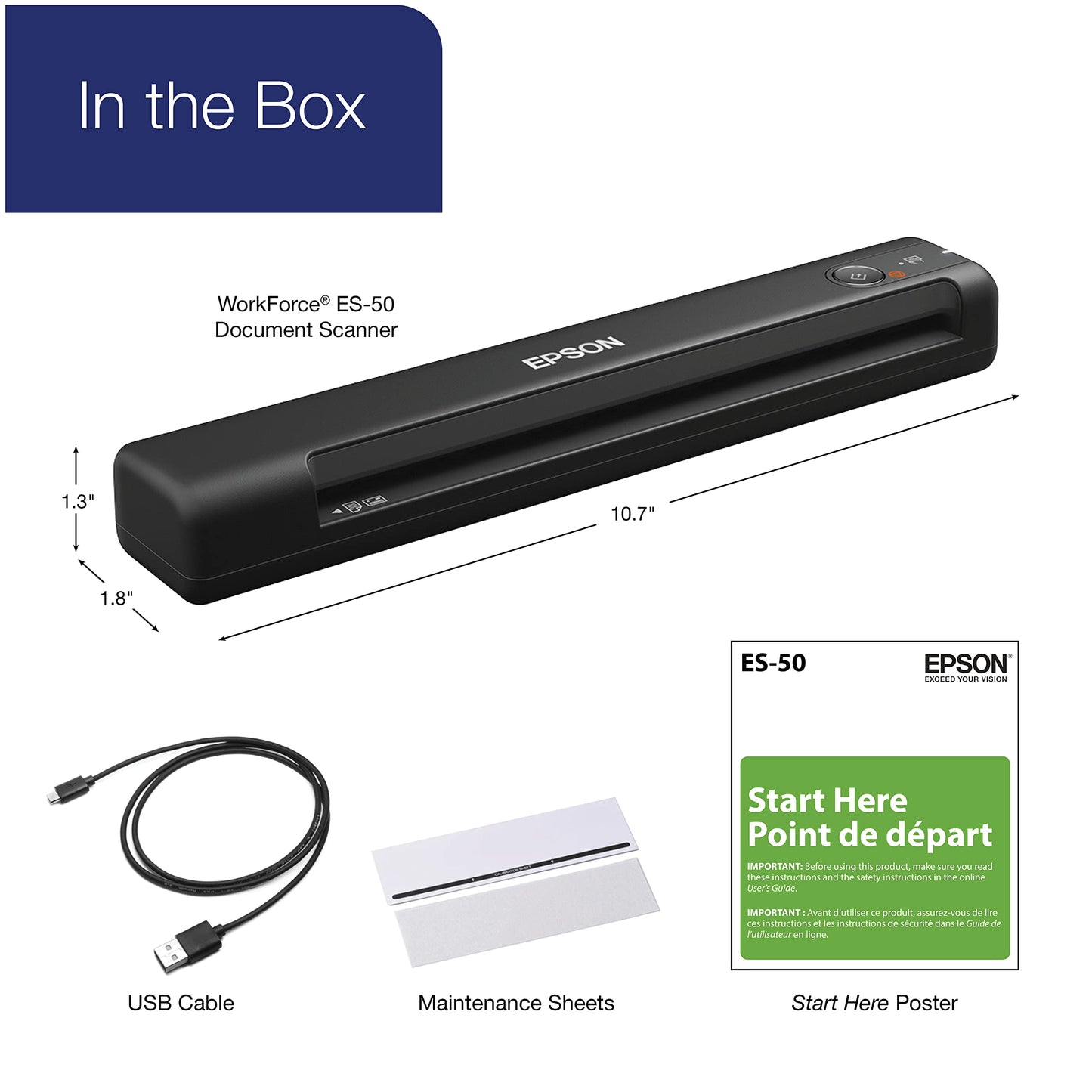 Epson WorkForce ES-50 Portable Sheet-fed Document Scanner for PC and Mac, Black Epson