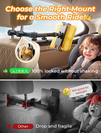 LISEN for iPad Tablet Holder for Car [3 in 1] Car Accessories iPad Holder Mount Back Seat for Car Headrest Video Kids Long Road Trip Car Essentials for 4.7-11" Tablet iPad Pro, Mini, Samsung (Black)