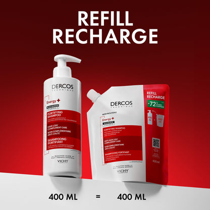Vichy Fortifying Shampoo Refill, Dercos Energy+ Hair Shampoo with Niacinamide & Vitamin E to Protect, Thicken, & Strengthen Hair. Reduce Frizz & Hair Breakage. Recommended by Dermatologists, 400mL - Available at All In One Marketplace Canada