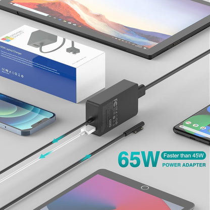 IFEART 65W Laptop Charger Compatible with Surface Pro 11/10/ 9/8/ 7+/ 7/6/ 5/4/ 3/ X, Power Adapter for Surface Laptop 7/6/5/4/3/2/1, Book 3/2/1, Go Tablet, Support 44W, 36W, 10FT
