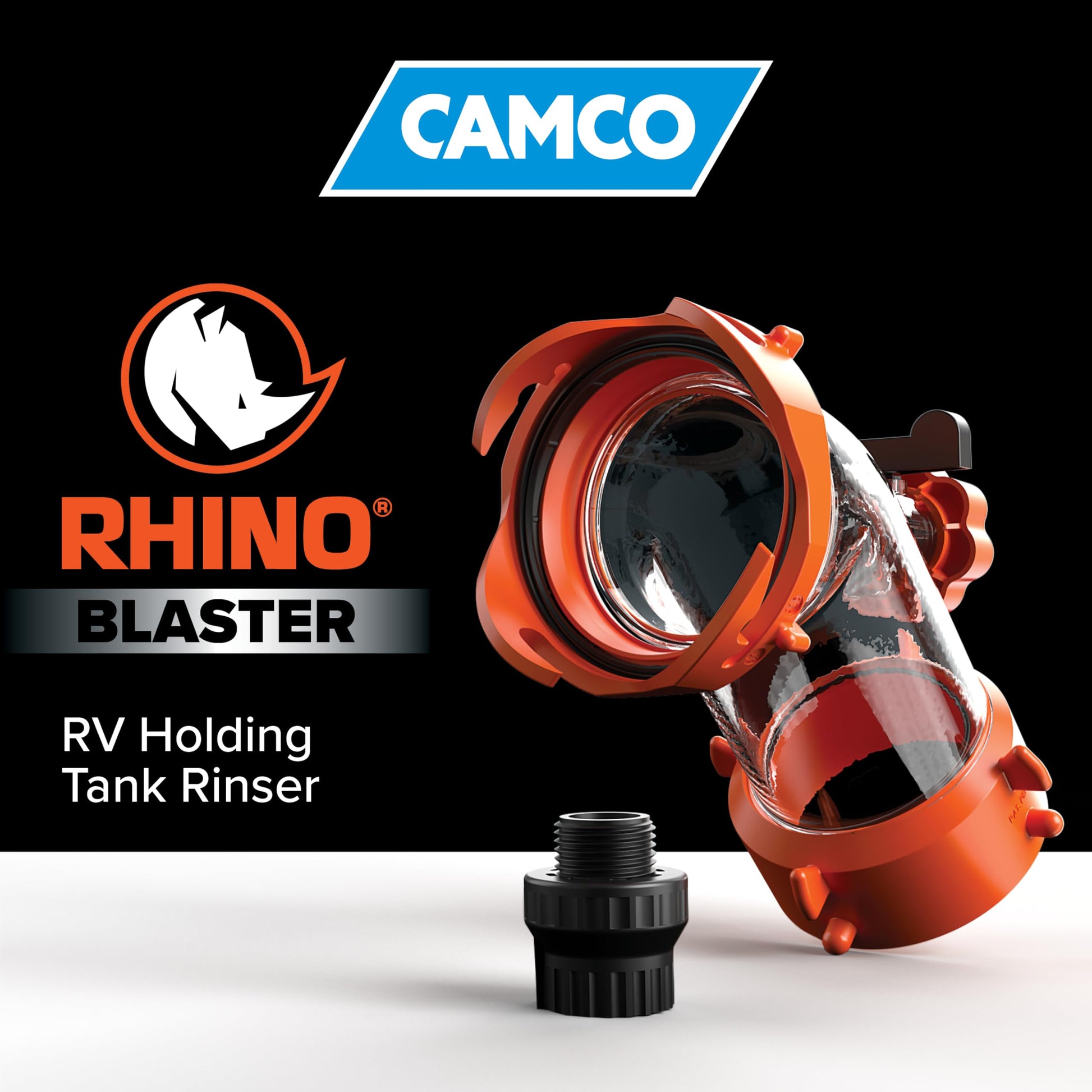 Camco Rhino Blaster — Camper Holding Tank and RV Portable Waste Tank Rinser — Provides Thorough RV Tank Cleaning — Features a Backflow Preventer & 45-Degree Clear Elbow Adapter (39080) Camco