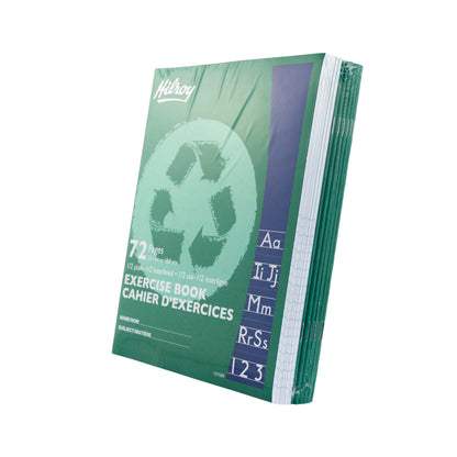 Hilroy Recycled Stitched Exercise Book, 1/2 plain, 1/2 interlined, 72 Pages/36 Sheets, 7-1/8” (180 cm) x 9-1/8” (23.1 cm) Sheet Size, Green Cover, 1 Case of 24 Books (12155R)
