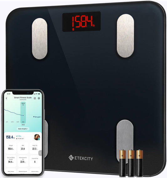 Etekcity Scale for Body Weight and Fat Percentage, Smart Digital LED Bathroom BMI Measurement, Accurate Bluetooth Weighing Machine, Body Composition Analyzer, Ash-black, 400lb - Available at All In One Marketplace Canada