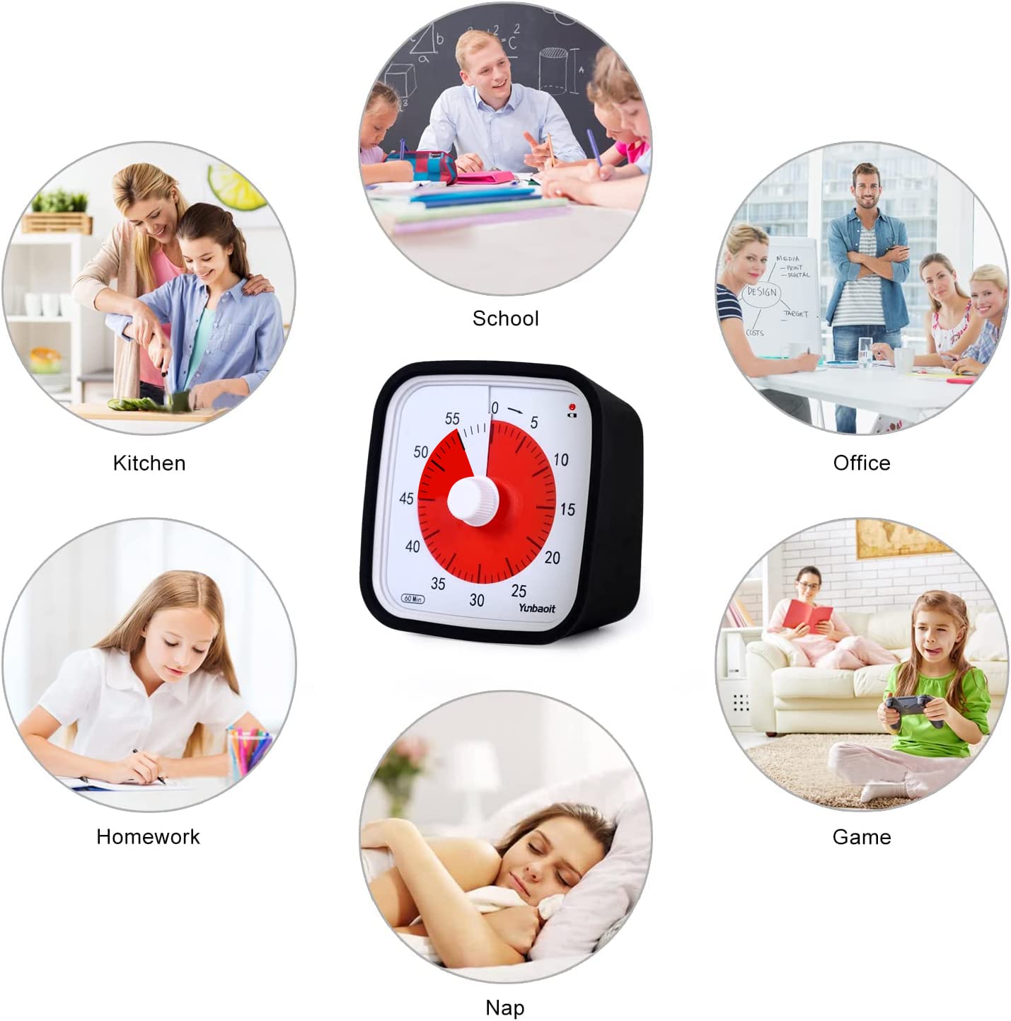 Visual Timer with Protective Case, Yunbaoit Upgraded 60-Minute Countdown Timer for Kids and Adults with Low Battery Remind, Silent Time Management Tool, No Ticking Optional Alert(Black) - Available at All In One Marketplace Canada
