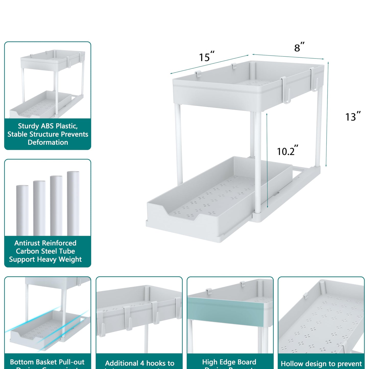 DEKAVA Under Sink Organizer 2 Pack, Bathroom Organizes, 2 Tier Sliding Cabinet Basket Organizer Drawer, Multi-Purpose Bath Collection Baskets for Bathroom (White)