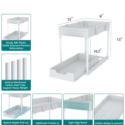 DEKAVA Under Sink Organizer 2 Pack, Bathroom Organizes, 2 Tier Sliding Cabinet Basket Organizer Drawer, Multi-Purpose Bath Collection Baskets for Bathroom (White)